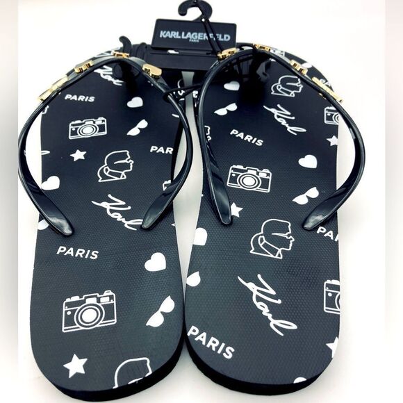 NWT Karl Lagerfeld Paris Women’s Signature Logo Black Sandals 8M - Picture 4 of 8